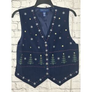Karen Scott Petite Women’s Vest Size PL Christmas Tree Snowflake Blue